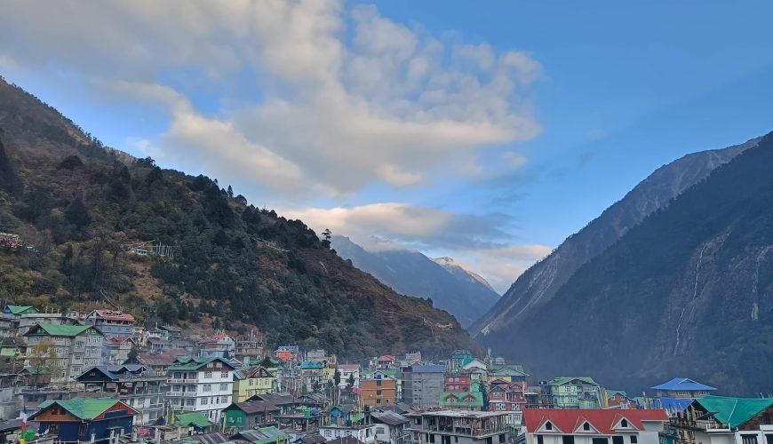 Panoramic landscape view of Lachen, a tourist destiation town in Mangan District in Sikkim, India. It is located at an elevation of 2,750 metres