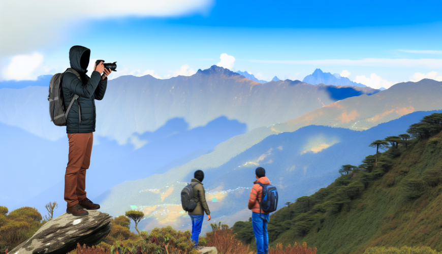 alt_text: A stunning Sikkim landscape with travelers at a viewpoint, embodying adventure and relaxation.