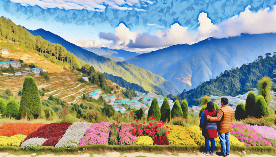 alt_text: A breathtaking Sikkim landscape with hills, mountains, flowers, and a couple enjoying the view.