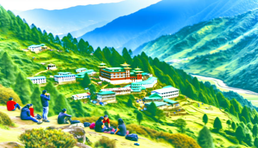 alt_text: Stunning Sikkim landscape with lush hills, monasteries, and travelers experiencing serene beauty.