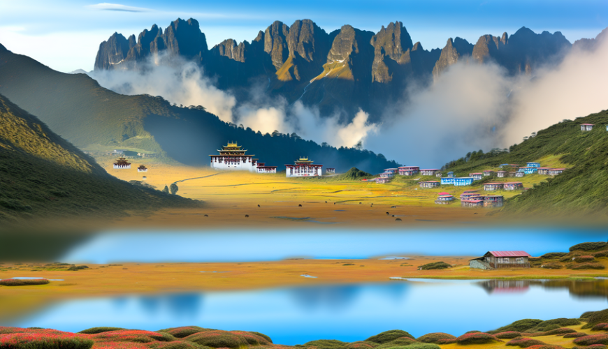 alt_text: Breathtaking Sikkim landscape with mountains, lakes, flowers, and a Tibetan monastery.