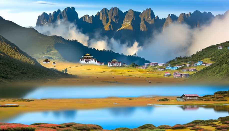 alt_text: Breathtaking Sikkim landscape with mountains, lakes, flowers, and a Tibetan monastery.