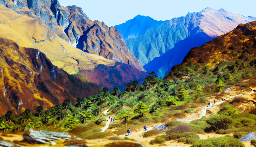 alt_text: "Stunning Sikkim and Nepal landscape with adventurers trekking, vibrant colors, inviting atmosphere."