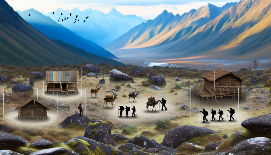 alt_text: "Stunning Himalayan landscape featuring trekkers, wildlife, and local houses, evoking adventure and urgency."