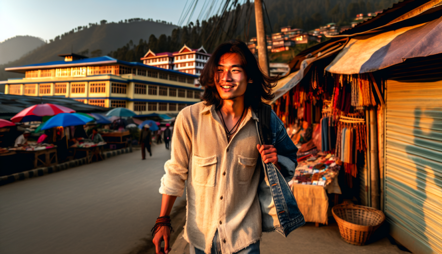 A traveler enjoys a vibrant Darjeeling market at sunset, surrounded by local crafts and stunning hills.