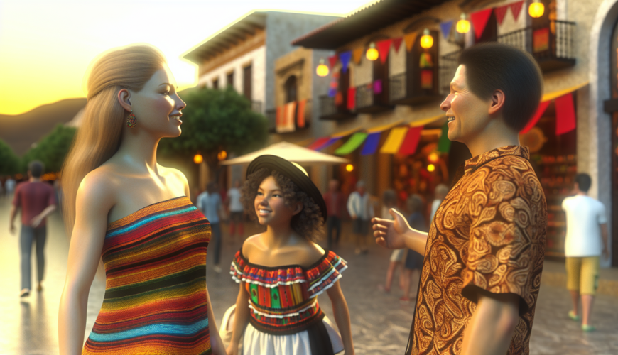 A vibrant city street at sunset, showcasing diverse people celebrating a festival in traditional attire.