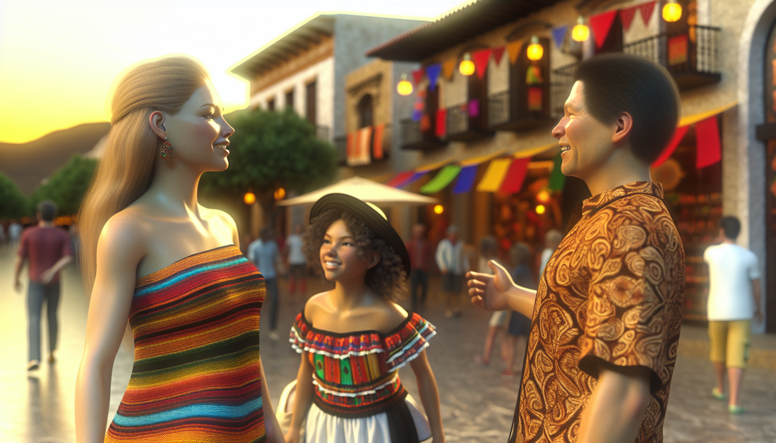 A vibrant city street at sunset, showcasing diverse people celebrating a festival in traditional attire.