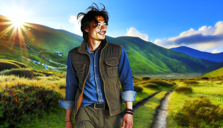 A traveler explores Sikkim's vibrant hills, basking in golden light, embodying adventure and serenity.
