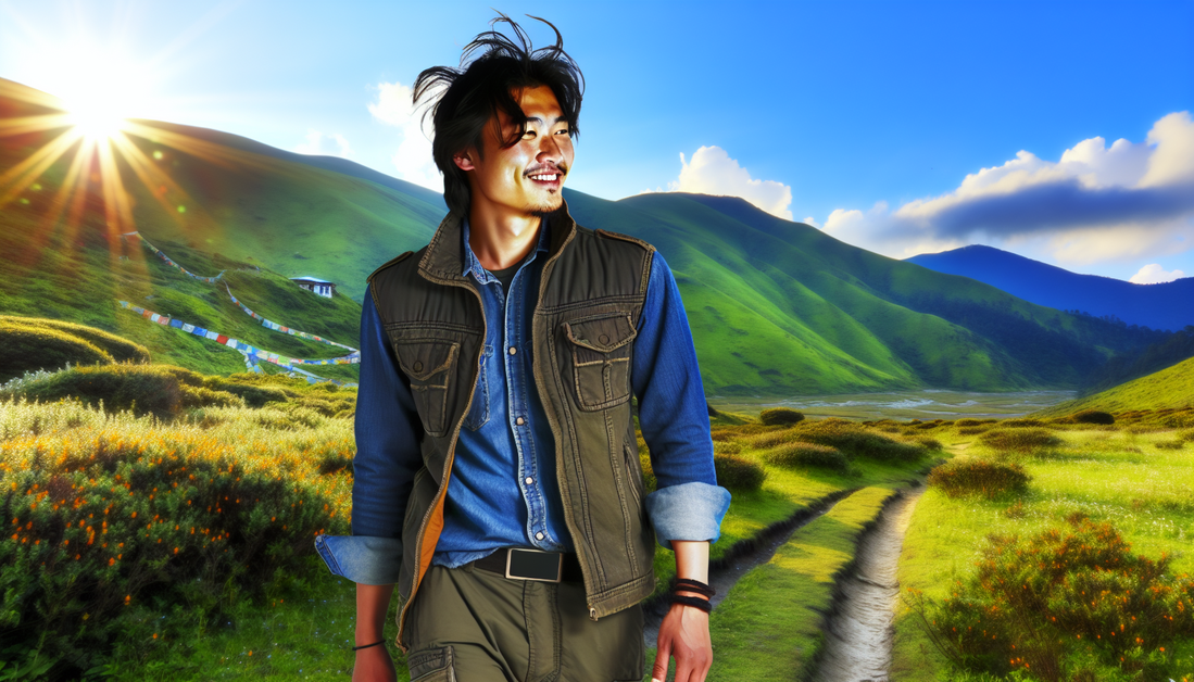 A traveler explores Sikkim's vibrant hills, basking in golden light, embodying adventure and serenity.