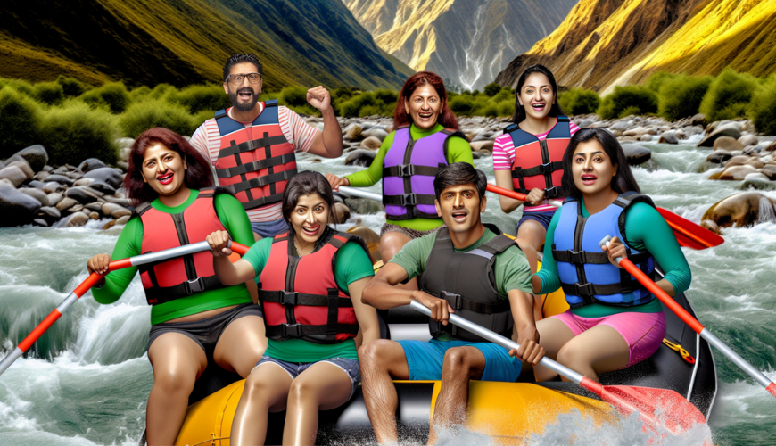 Thrilling river rafting in the Himalayas, capturing adventure and camaraderie under golden hour light.