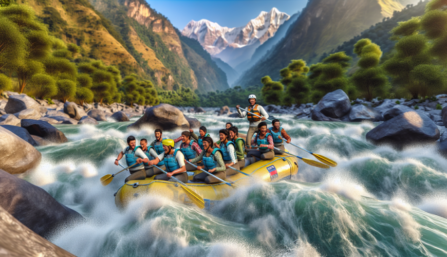 Thrilling river rafting in the Himalayas, capturing diverse adventurers against a stunning landscape.