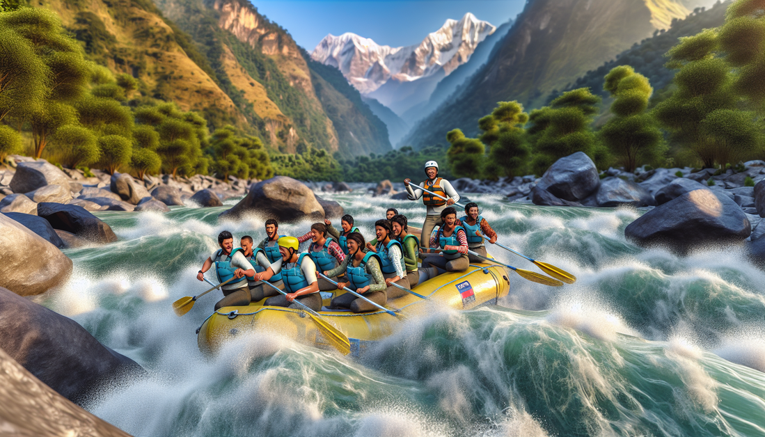 Thrilling river rafting in the Himalayas, capturing diverse adventurers against a stunning landscape.
