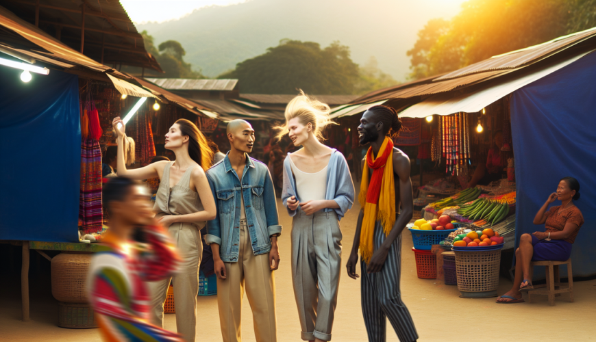 Diverse travelers savor a vibrant North East Indian market at golden hour, radiating adventure and culture.