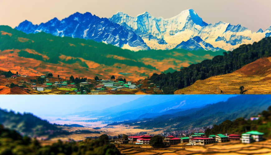 alt_text: Breathtaking landscape blending Sikkim's hills and Nepal's Himalayas, featuring vibrant nature and culture.