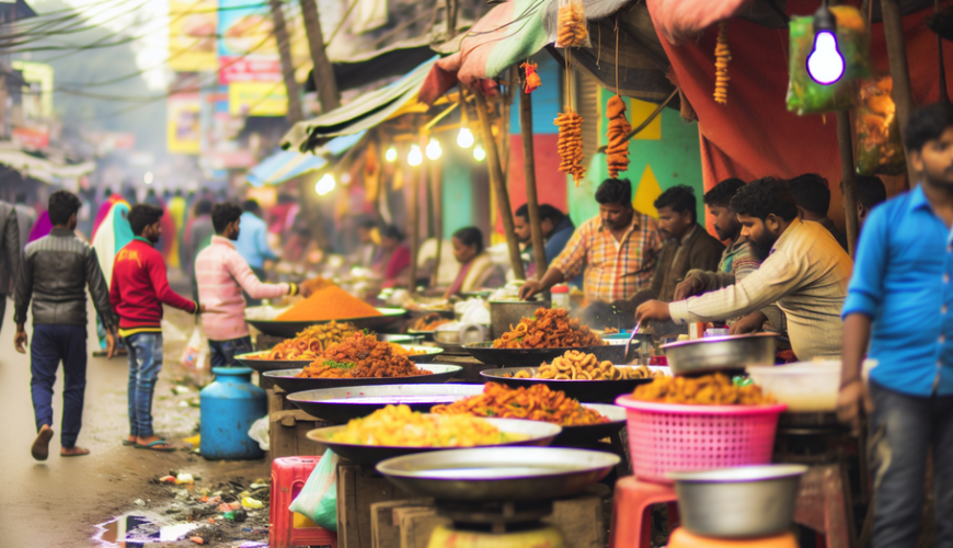 alt_text: A vibrant Siliguri market scene, showcasing colorful street foods and local vendors.