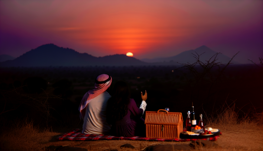 alt_text: Romantic Indian landscape featuring a couple with a cozy picnic, ideal for honeymoon travel.